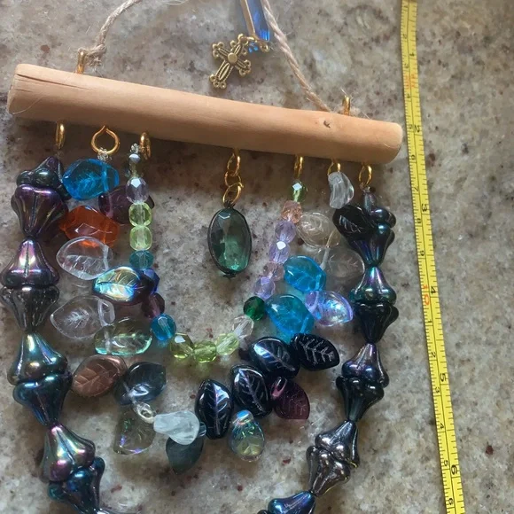 Iridescent Glass Beaded hanging ornament with multicolored Leaf Accents - Picture 5 of 10